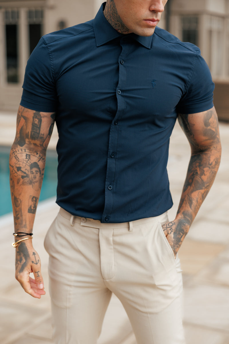Father Sons Muscle Fit Advanced Stretch Navy Short Sleeve with Cutaway Collar - FS1163