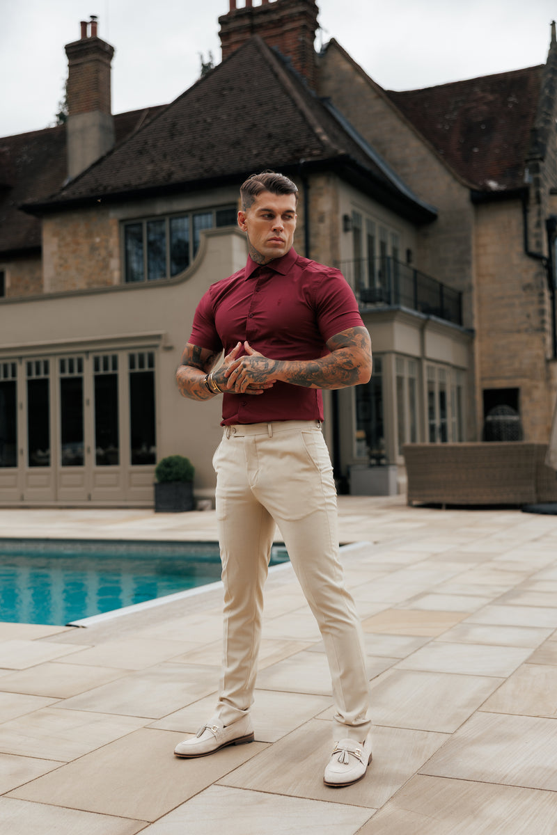 Father Sons Muscle Fit Advanced Stretch Oxblood Short Sleeve with Cutaway Collar - FS1205