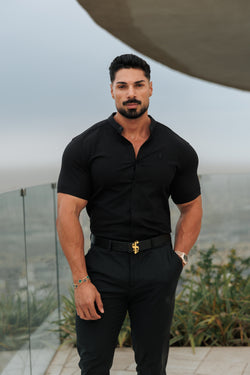 Father Sons Super Slim Oxford Stretch Classic All Black Grandad Collar Short Sleeve - FS582