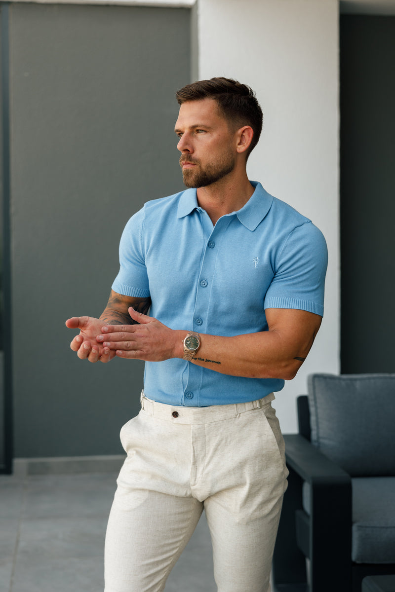 Father Sons Classic Plain Light Blue Knitted Button Through Polo Short Sleeve - FSN161