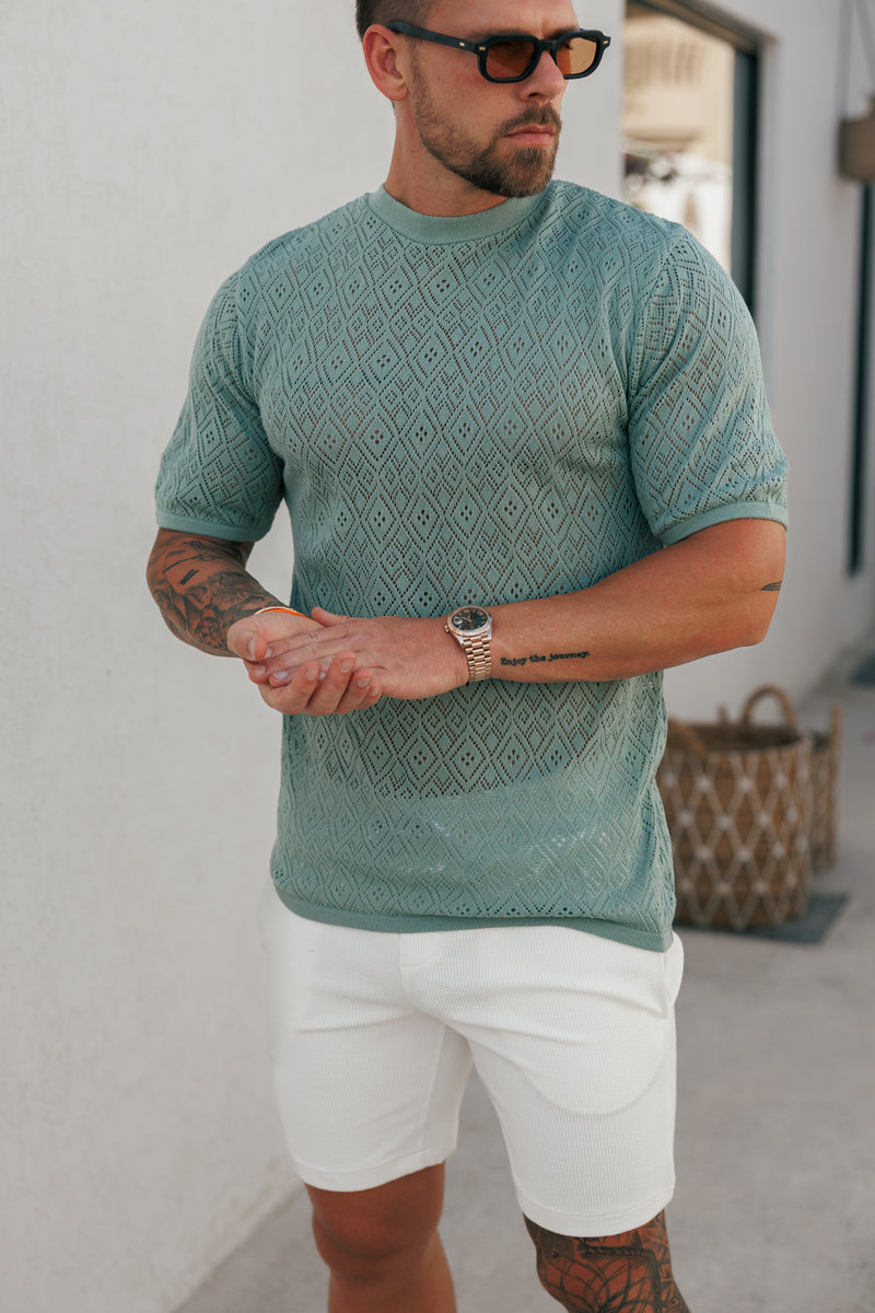 Father Sons Crochet Crew T-Shirt Light Green Short Sleeve - FSJ091