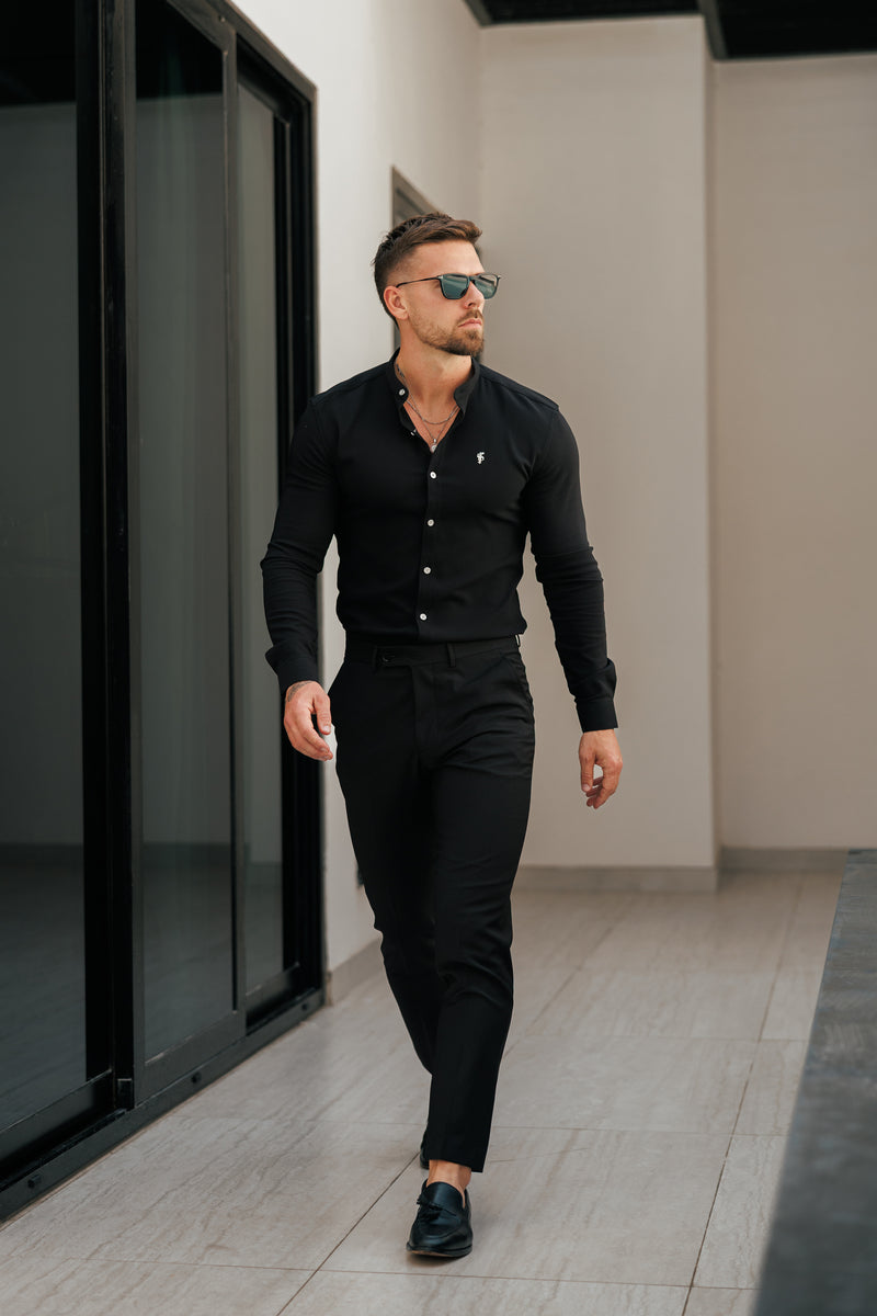 Father Sons Super Slim Scuba Black / Silver Long Sleeve Stretch with Grandad Collar - FS1191