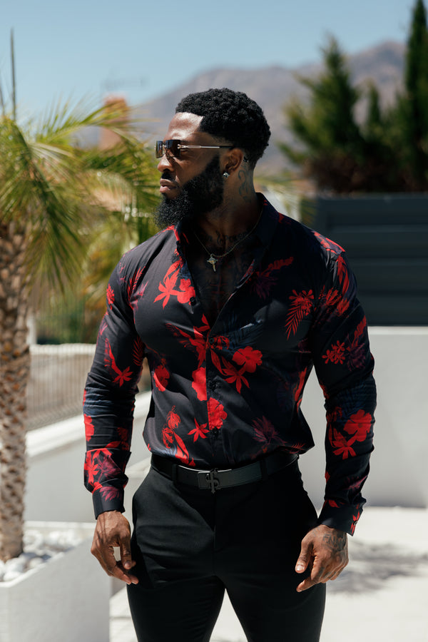 Father Sons Super Slim Stretch Black and Red Floral Print Long Sleeve with Button Down Collar - FS770