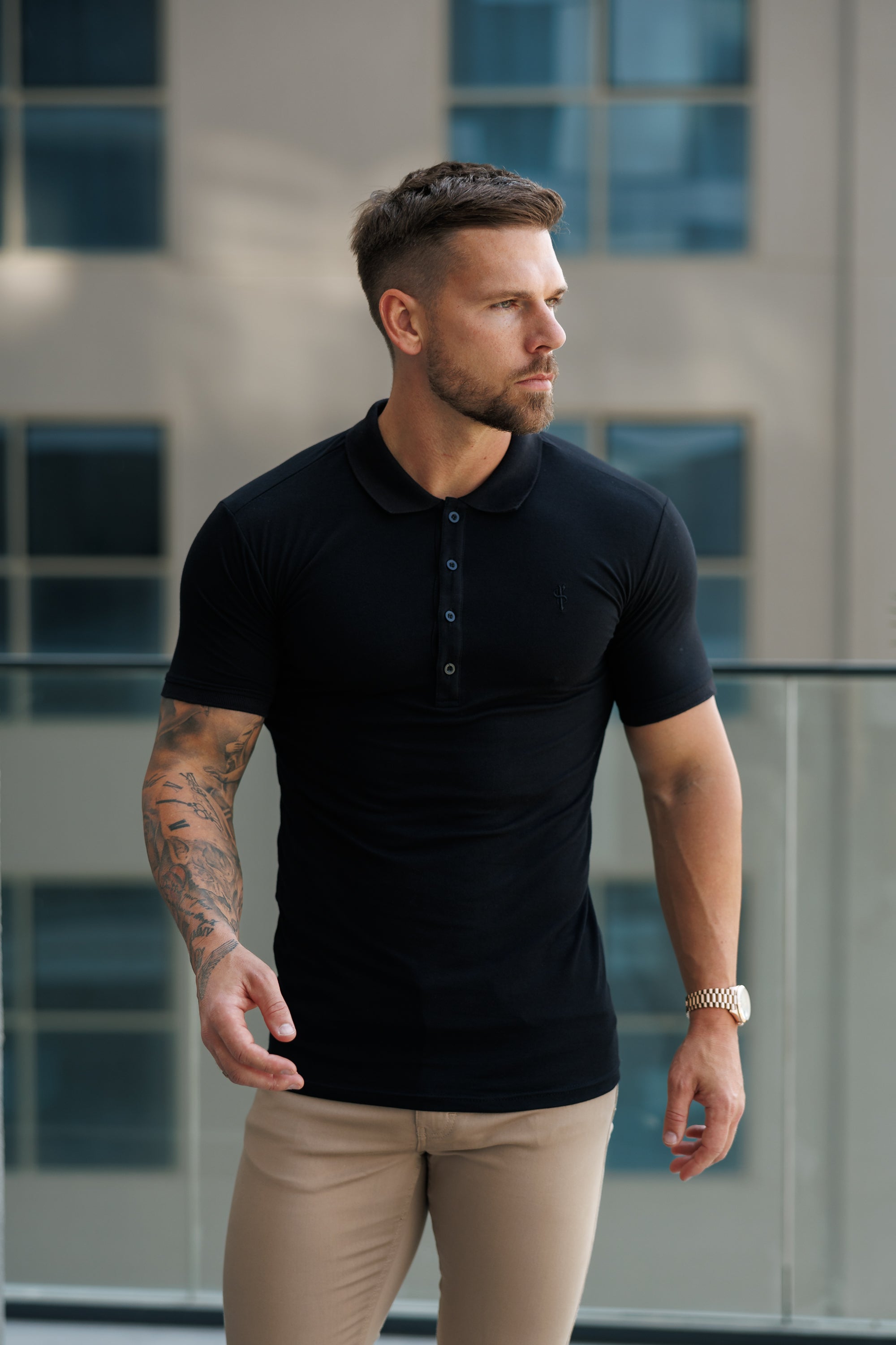 Father Sons Classic Black Polo Shirt with Tonal Button and