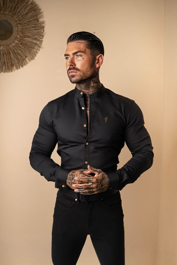 Father Sons Super Slim Stretch Black Denim Long Sleeve Grandad collar with Metal Buttons and Decal Emblem - FS707