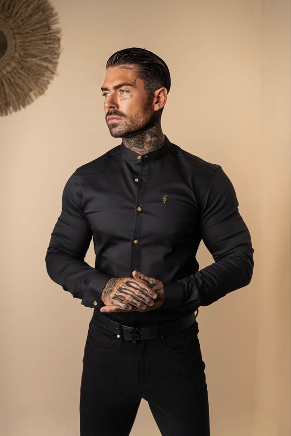 Father Sons Super Slim Stretch Black Denim Long Sleeve Grandad collar with Metal Buttons and Decal Emblem - FS707