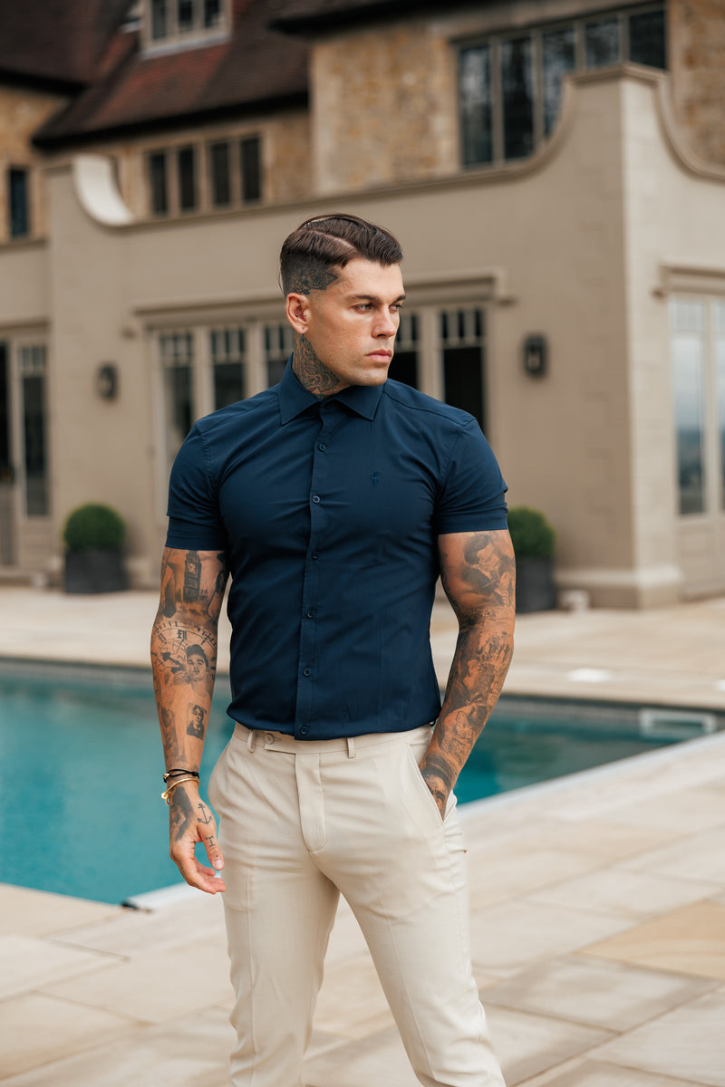Father Sons Muscle Fit Advanced Stretch Navy Short Sleeve with Cutaway Collar - FS1163