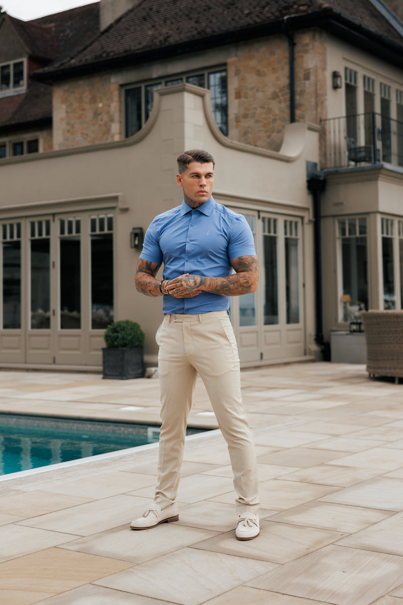 Father Sons Muscle Fit Advanced Stretch Mid Blue Short Sleeve with Cutaway Collar - FS1203