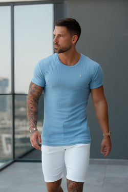 Father Sons Classic Light Blue / Silver Ribbed Knit Super Slim Short Sleeve Crew - FSH1087