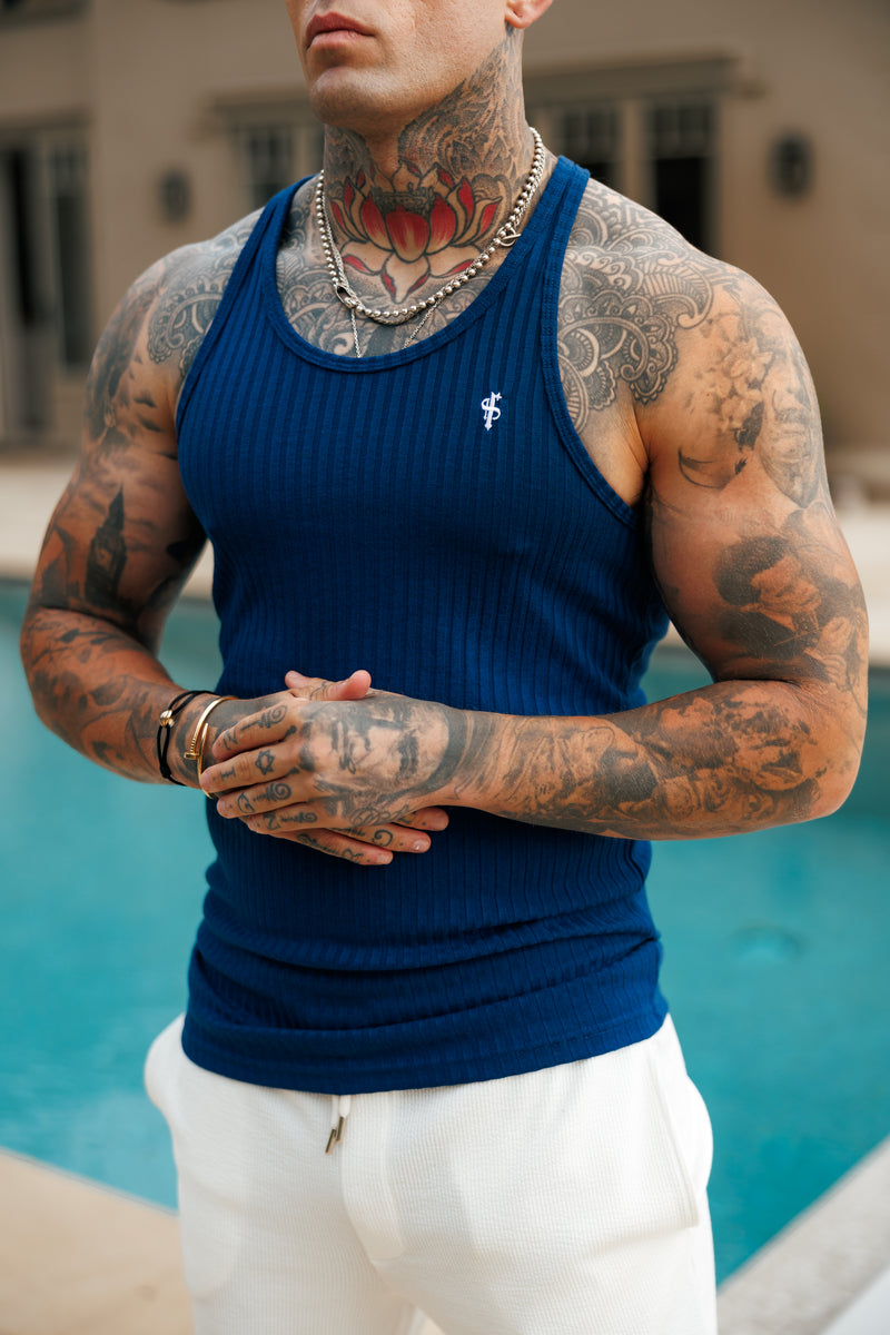 Father Sons Classic New Navy / White Ribbed Knit Super Slim Vest - FSH1328