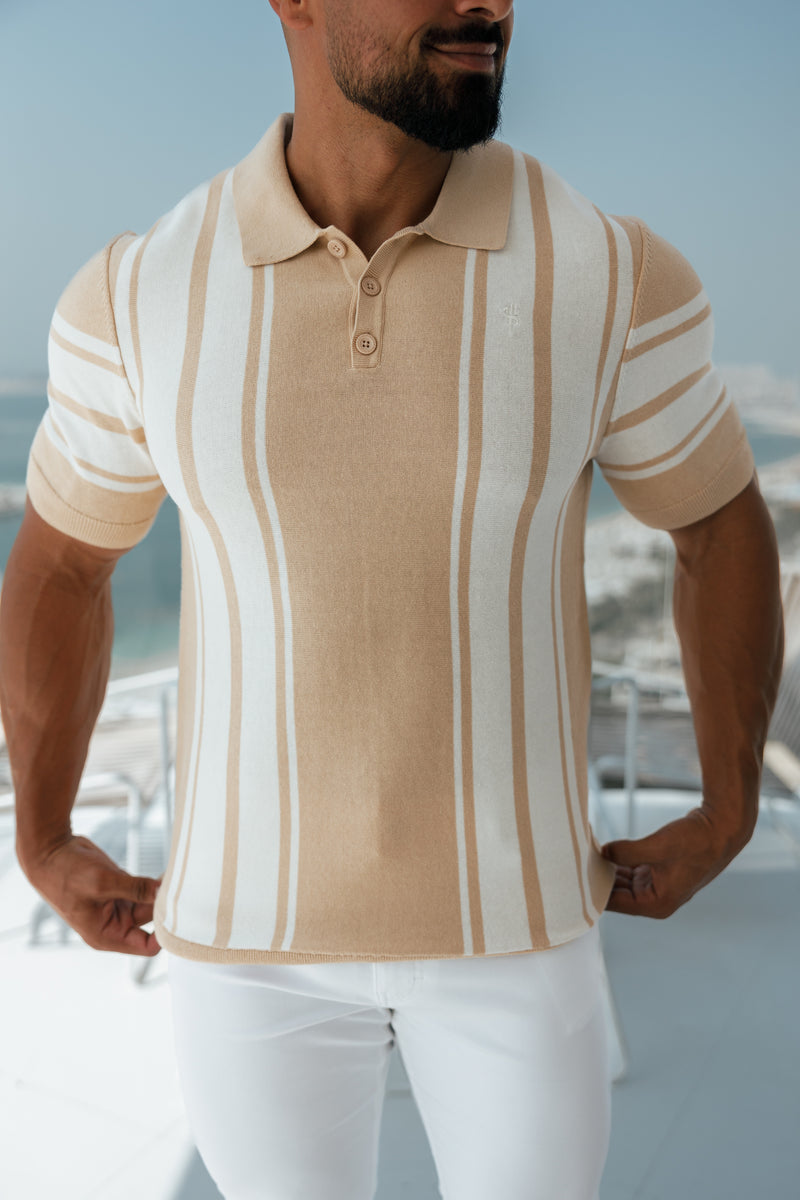 Father Sons Classic Beige / Off White Knitted Vertical Stripe Polo Short Sleeve - FSN107