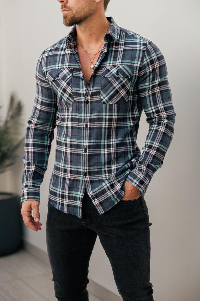 Father Sons Navy / Green / Pink Check Shacket With Double Pockets - FS1195