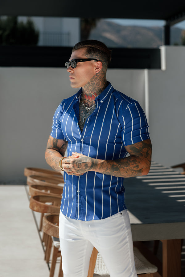Father Sons Super Slim Stretch Ocean Blue Printed Wide Stripe Short Sleeve with Button Down Collar - FS1056 (PRE ORDER 13TH AUGUST)