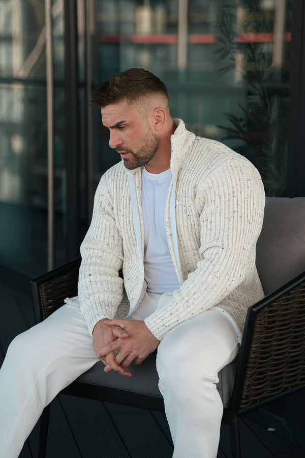 Father Sons Chunky Beige Flecks Ribbed Zipped Cardigan - FSJ070 (PRE ORDER 21ST MARCH)