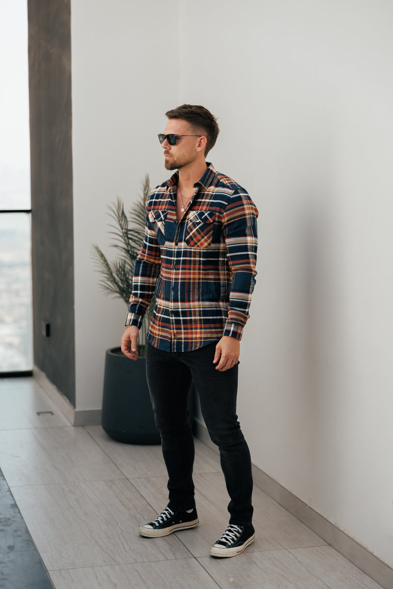 Father Sons Navy / Tan Check Shacket With Double Pockets - FS1197