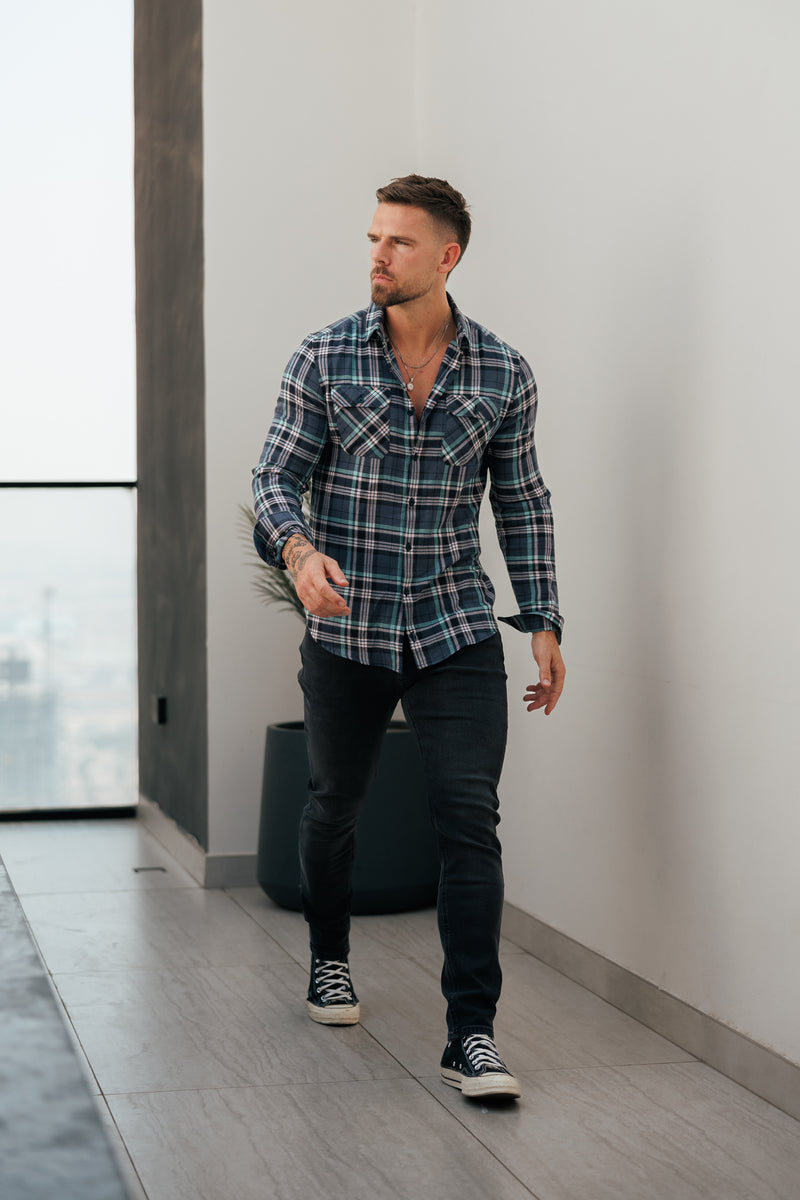 Father Sons Navy / Green / Pink Check Shacket With Double Pockets - FS1195