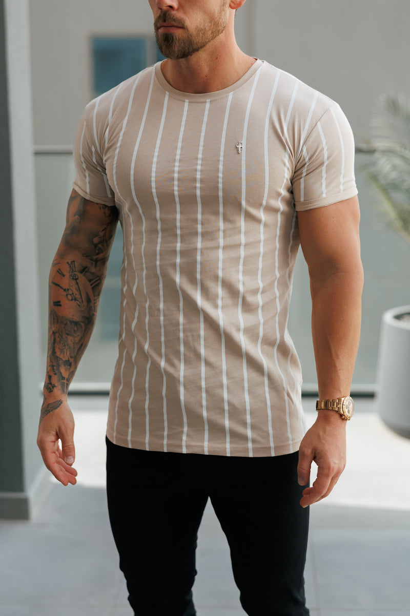 Father Sons Printed Taupe / White Stripe Fitted T Shirt - FSH1170