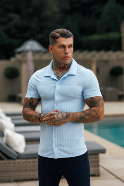 Father Sons Jersey Revere Vertical Stripe Light Blue Shirt Short Sleeve - FSR027
