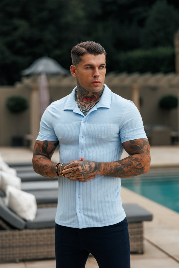 Father Sons Jersey Revere Vertical Stripe Light Blue Shirt Short Sleeve - FSR027
