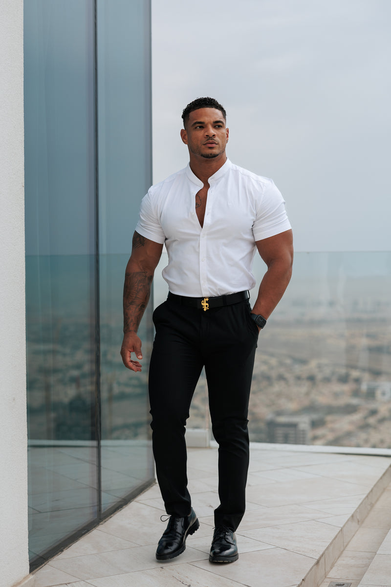 Father Sons Super Slim Stretch Classic All White Grandad Collar Short Sleeve - FS580