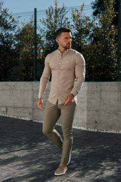 Father Sons Super Slim Stretch Taupe Printed Pinstripe Long Sleeve with Grandad Collar - FS1057