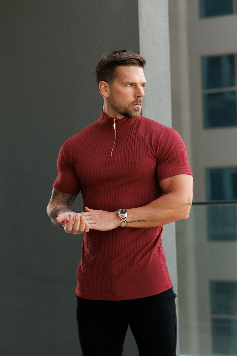 Father Sons Classic Burgundy Ribbed Zip Funnel Neck Raglan Short Sleeve Crew - FSH1293