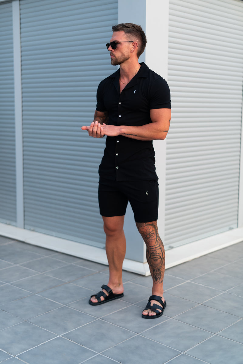 Father Sons Stretch Black / Silver Pique Revere Shirt Short Sleeve - FSH1355