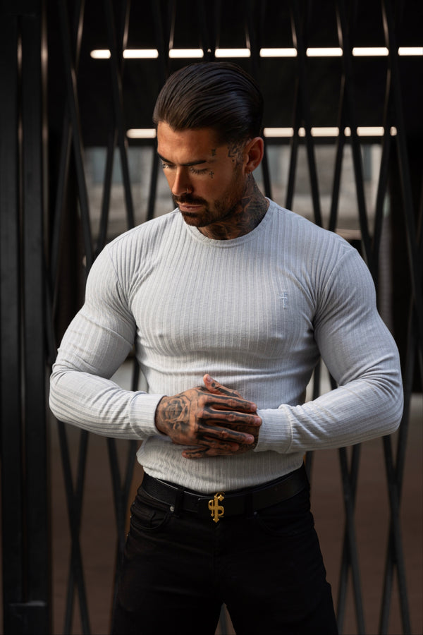 Father Sons Classic Light Grey Ribbed Knit Jumper With Tonal Embroidery - FSH948