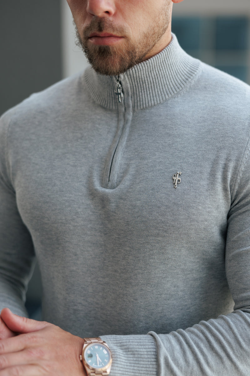 FS Light Grey Funnel Neck Knitted Jumper With FS Branding - FSN193