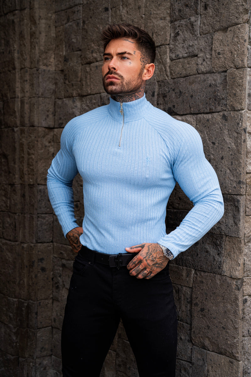 FS Classic Light Blue Ribbed Zip Funnel Neck Raglan Long Sleeve Crew - FSH1298