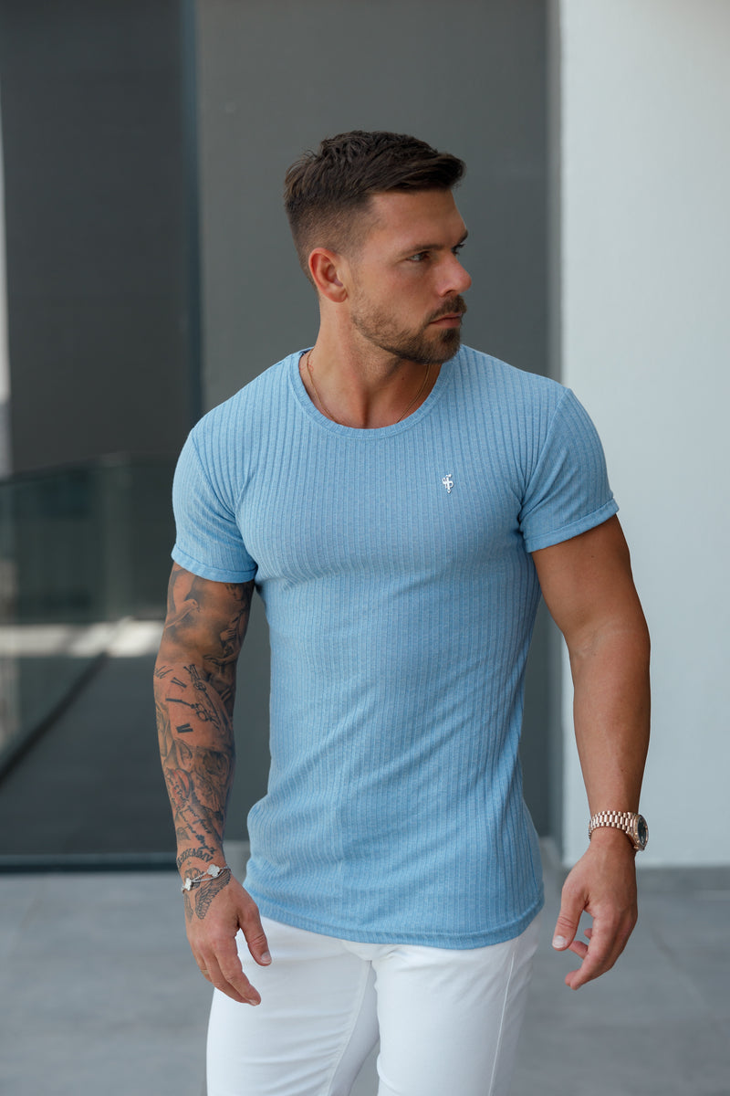 Father Sons Classic Light Blue / Silver Ribbed Knit Super Slim Short Sleeve Crew - FSH1087