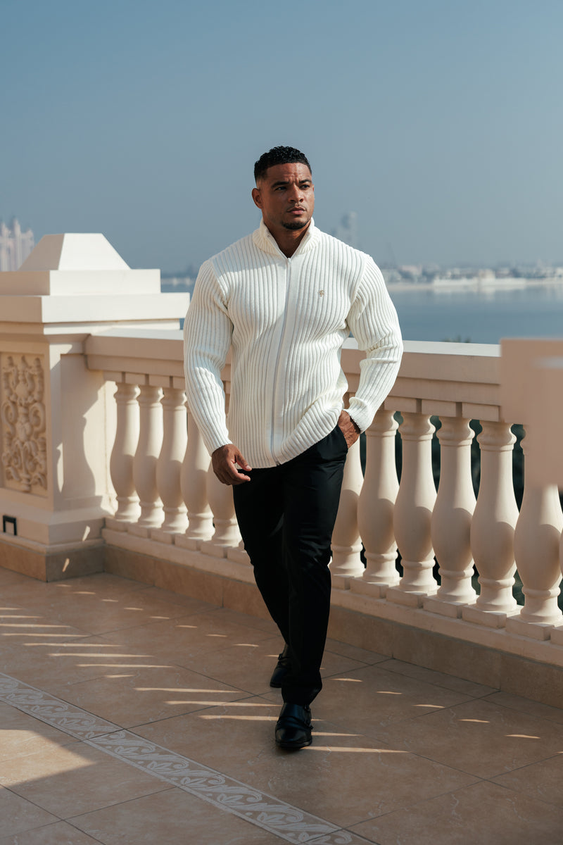 Father Sons Chunky Cream Ribbed Zipped Cardigan with Gold Emblem- FSJ096