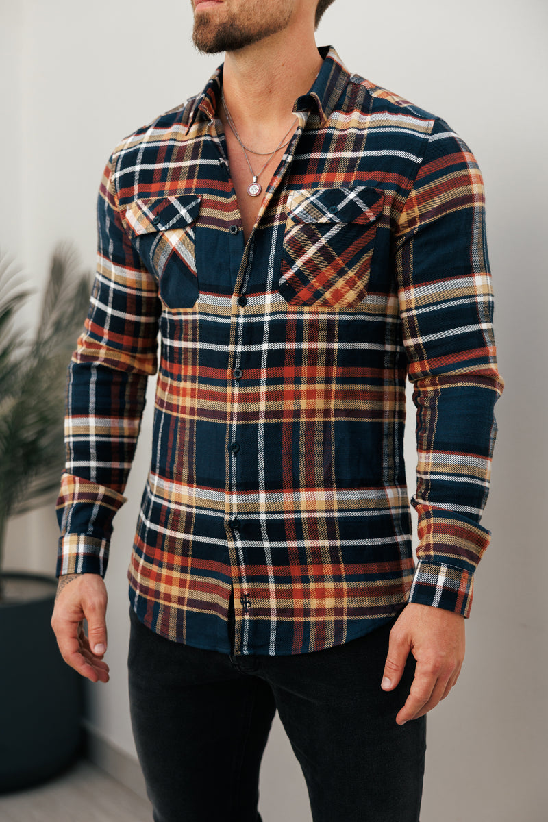 Father Sons Navy / Tan Check Shacket With Double Pockets - FS1197