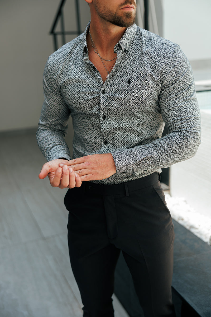 Father Sons Super Slim Stretch Black / White Diamond Print Long Sleeve with Button Down Collar - FS1226