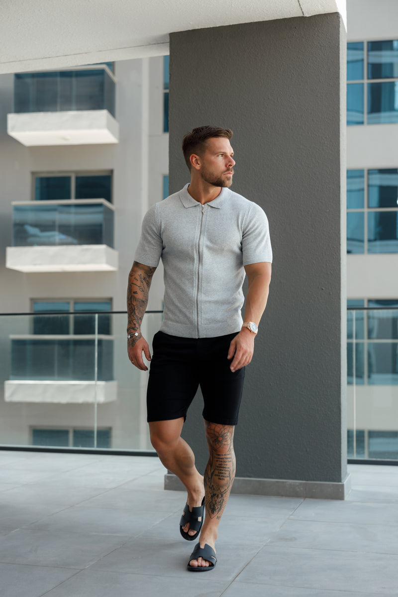 Father Sons Classic Knitted Textured Design With Full Length Zip Light Grey Short Sleeve - FSN154