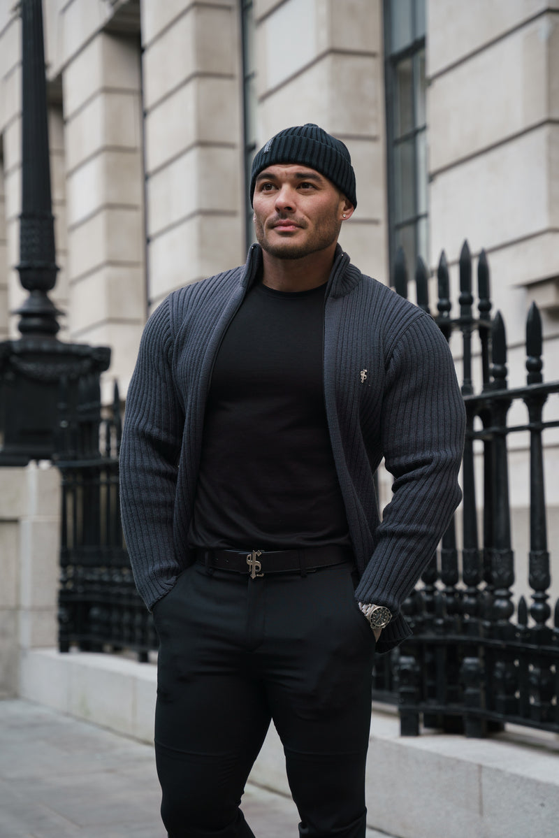 Father Sons Chunky Gunmetal Ribbed Zipped Cardigan - FSJ072  (PRE ORDER 28TH FEBRUARY)