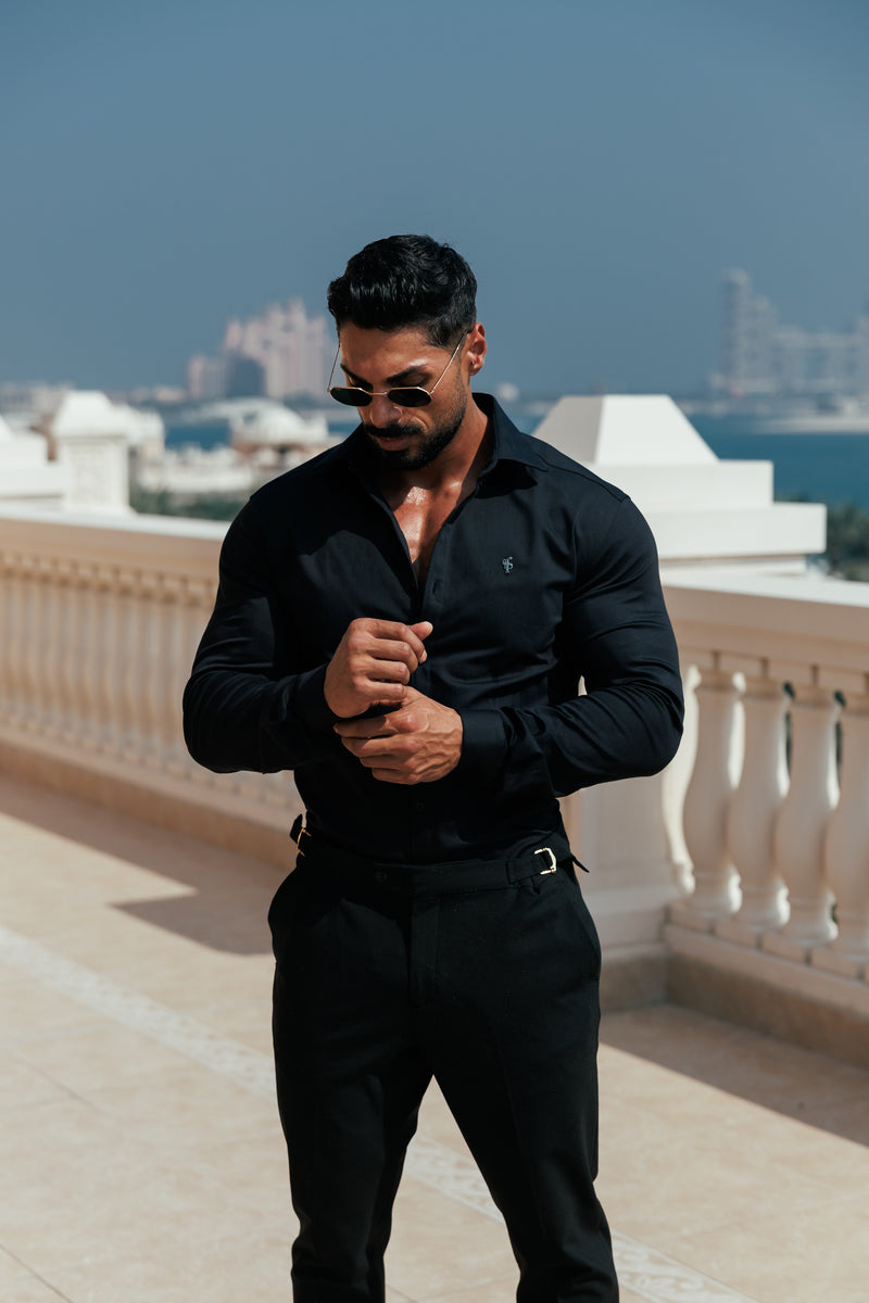 FS Super Slim Stretch Black Denim Long Sleeve with Gunmetal Metal Decal and Cutaway Collar - FS1169