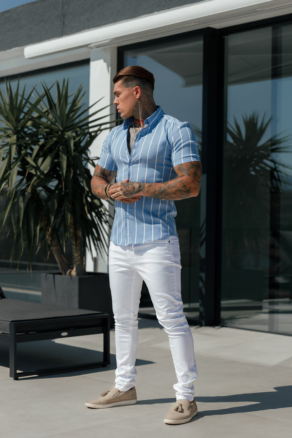 Father Sons Super Slim Stretch Blue Printed Wide Stripe Short Sleeve with Button Down Collar - FS1054 (PRE ORDER 13TH AUGUST)