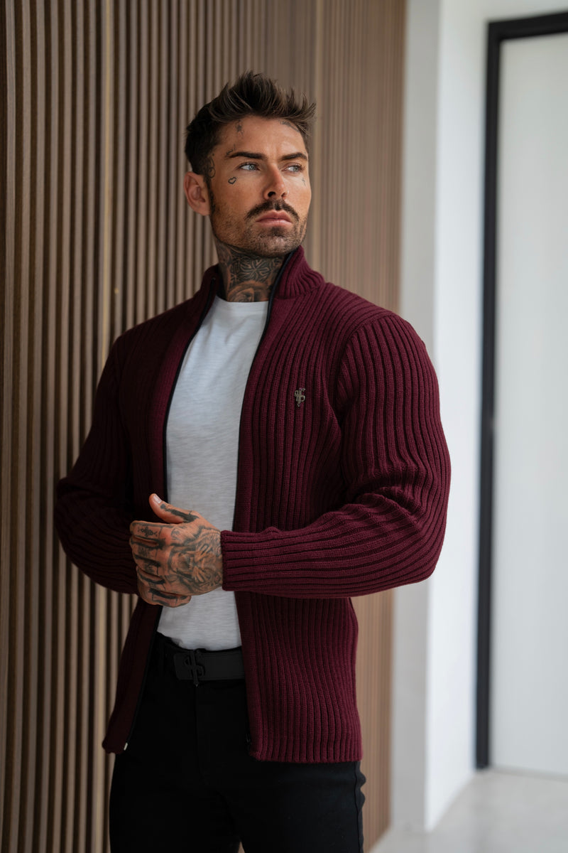 Father Sons Chunky Burgundy Ribbed Zipped Cardigan - FSJ071