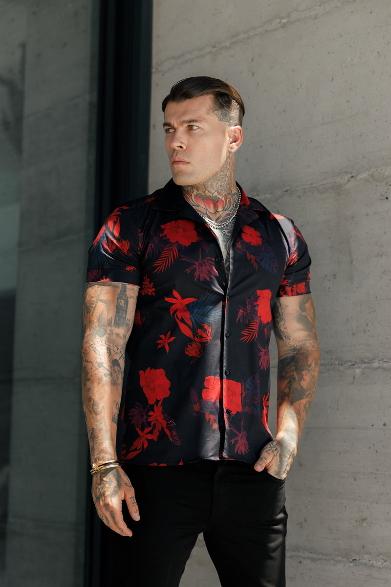 Father Sons Hawaiian Boxy Black / Red Floral Print Stretch with Revere Collar Short Sleeve - FS994