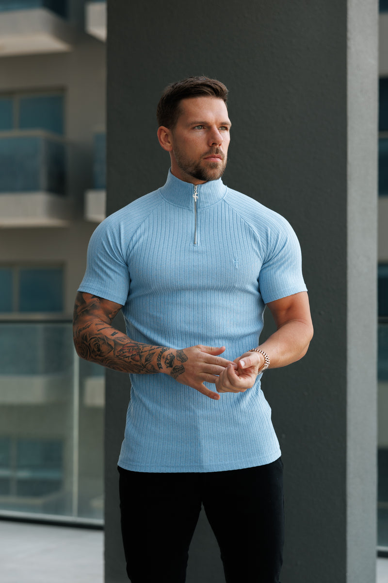 Father Sons Classic Light Blue Ribbed Zip Funnel Neck Raglan Short Sleeve Crew - FSH1291