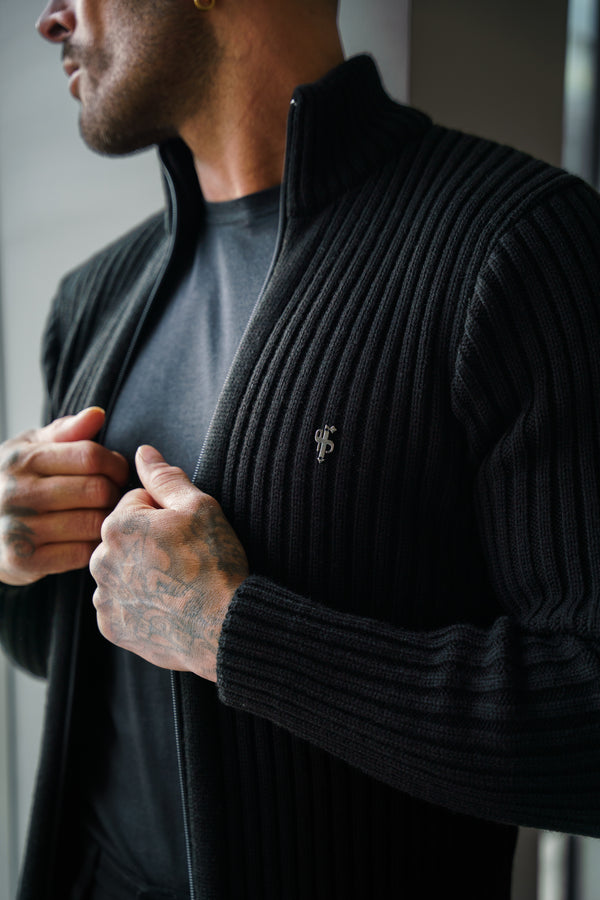 Father Sons Chunky Black Ribbed  Zipped Cardigan - FSJ068 (PRE ORDER 28TH FEBRUARY)