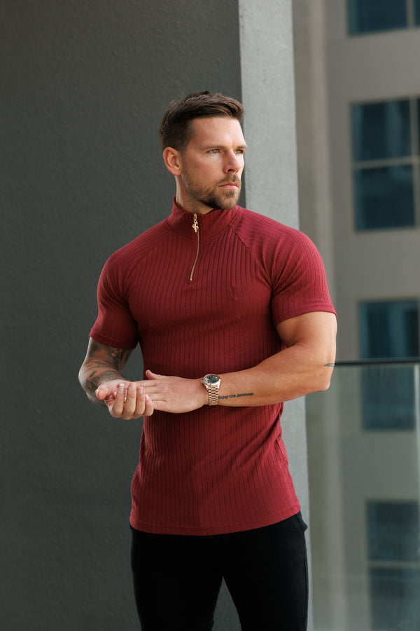 Father Sons Classic Burgundy Ribbed Zip Funnel Neck Raglan Short Sleeve Crew - FSH1293