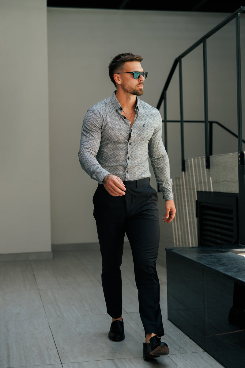 Father Sons Super Slim Stretch Black / White Diamond Print Long Sleeve with Button Down Collar - FS1226