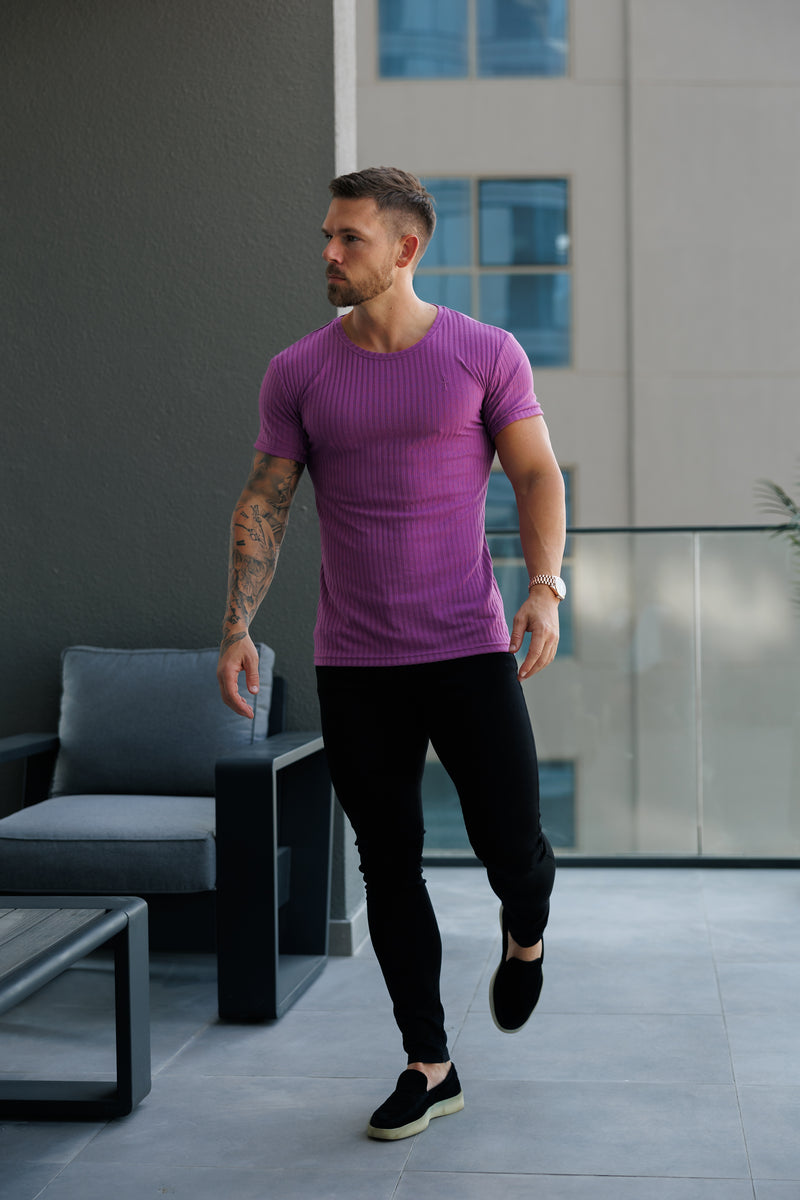 Father Sons Classic Light Purple Ribbed Knit Super Slim Short Sleeve Crew - FSH1161