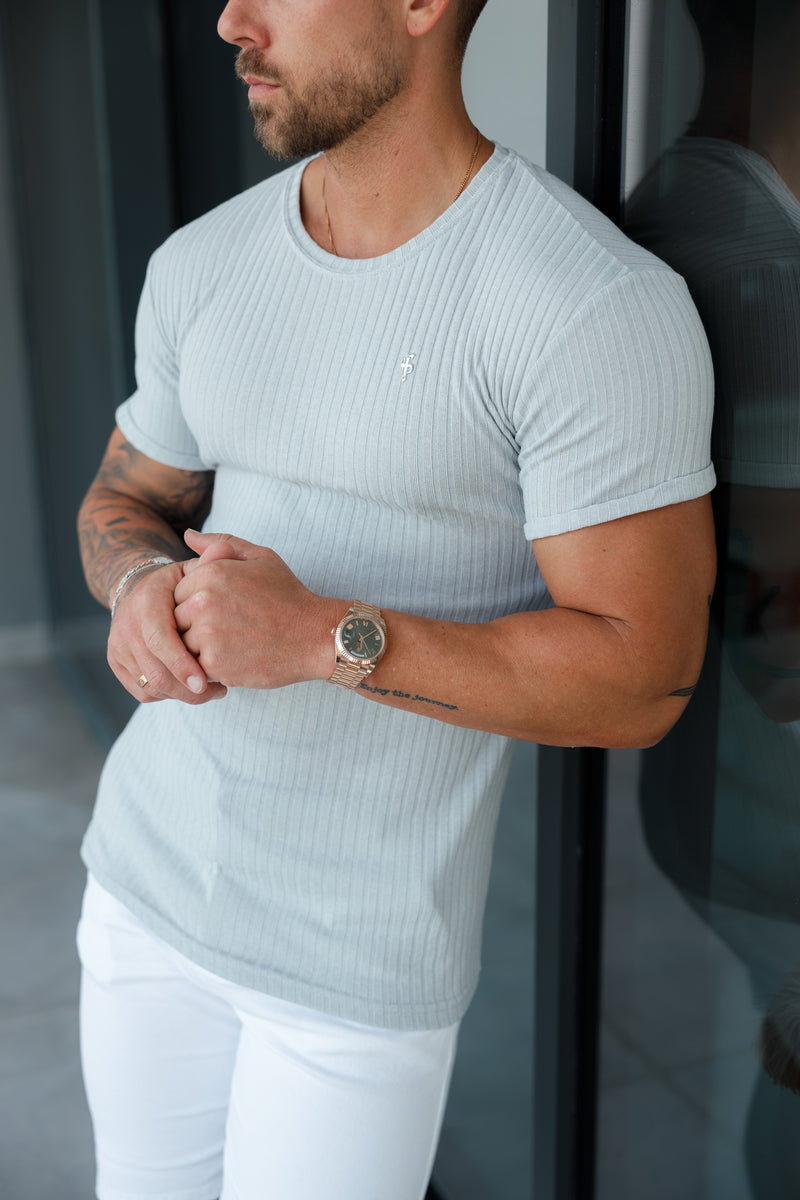 Father Sons Classic Light Grey / Silver Ribbed Knit Super Slim Short Sleeve Crew - FSH1085