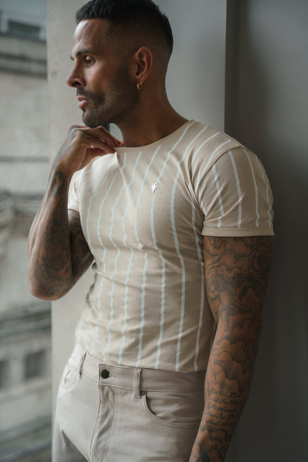 Father Sons Printed Taupe / White Stripe Fitted T Shirt - FSH1170