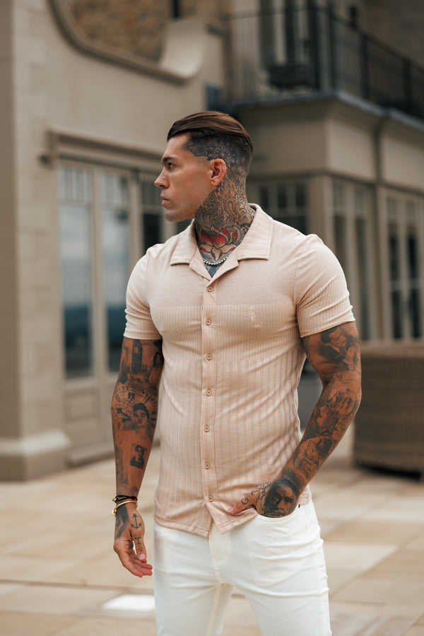 Father Sons Jersey Revere Vertical Stripe Beige Shirt Short Sleeve - FSR026
