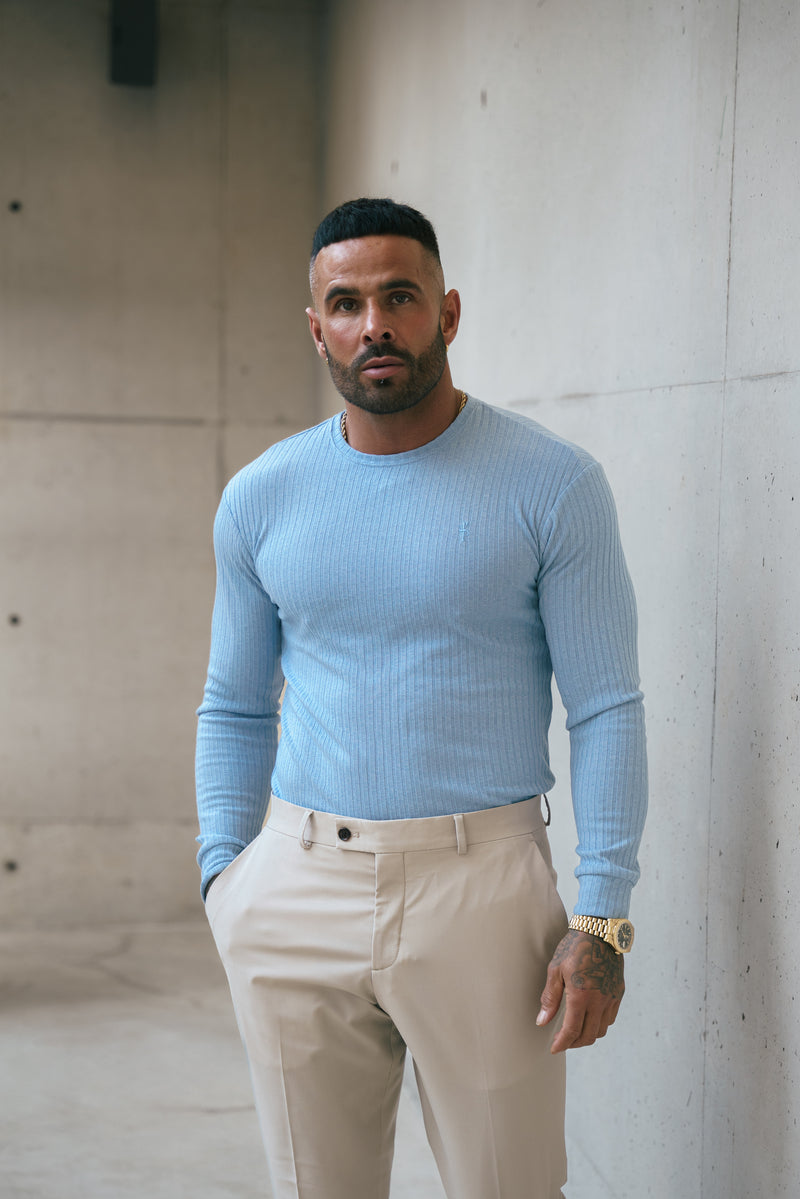 Father Sons Classic Light Blue Ribbed Knit Jumper With Tonal Embroidery - FSH1286