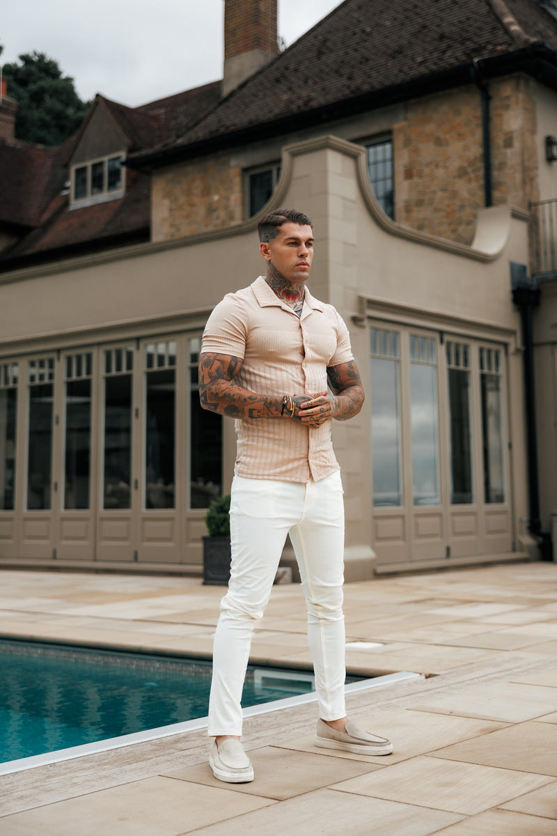 Father Sons Jersey Revere Vertical Stripe Beige Shirt Short Sleeve - FSR026